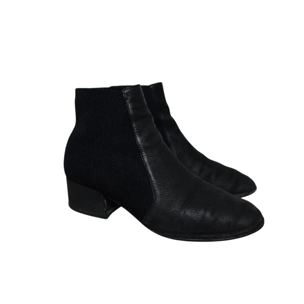 Eileen Fisher‎ Black Leather Knit Sock Ankle Boots Block Heel Made in Italy 8.5